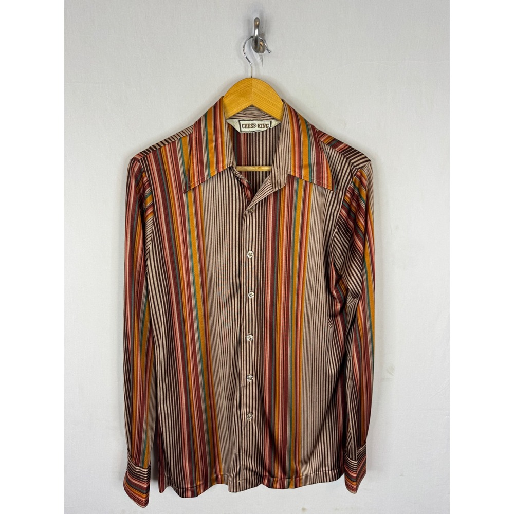 Vintage Chess King 70s Disco Stripe Button Down Shirt Brown Orange Teal Mens M